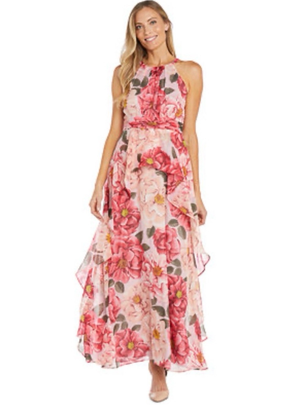 R&M Richards Pink Floral Halter Maxi Dress